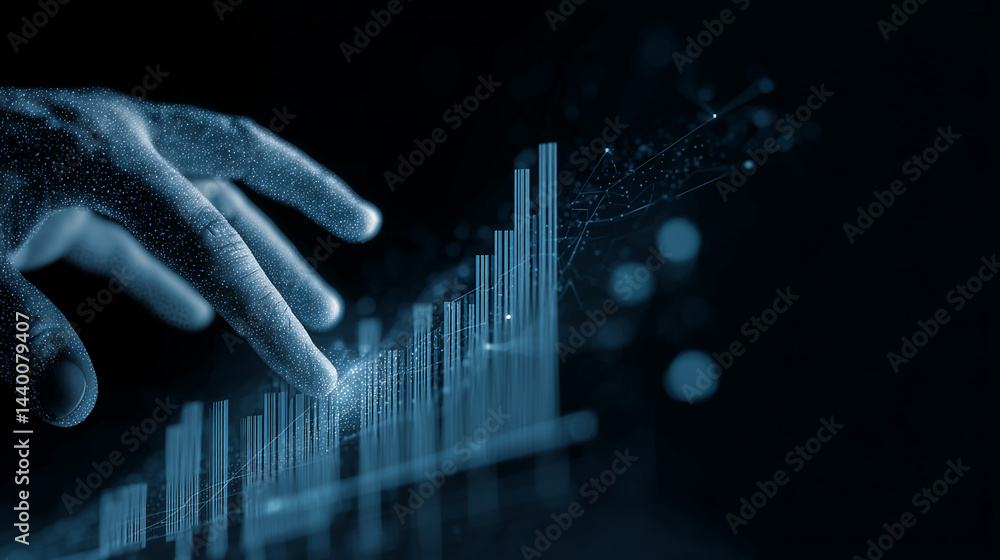 Poster digital hand interacts with bar chart data visualization, representing technological progress, data 