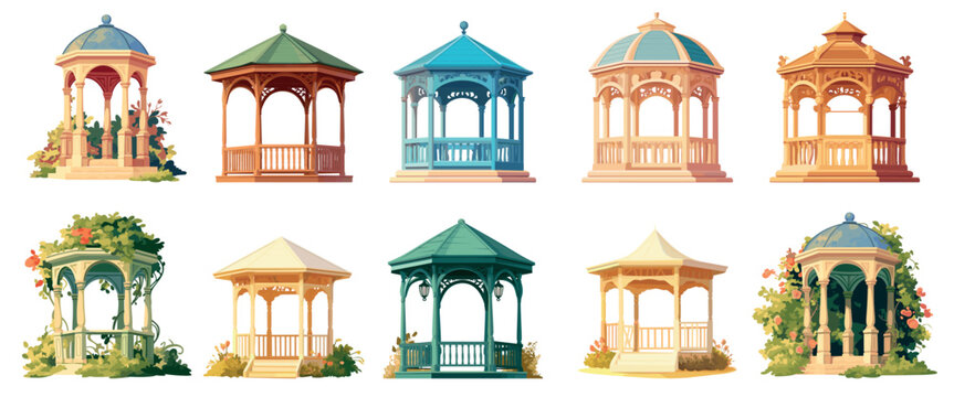 Cartoon garden gazebo. Summer pergola small relaxing patio house with floral decor, wooden backyard architecture set vector illustration