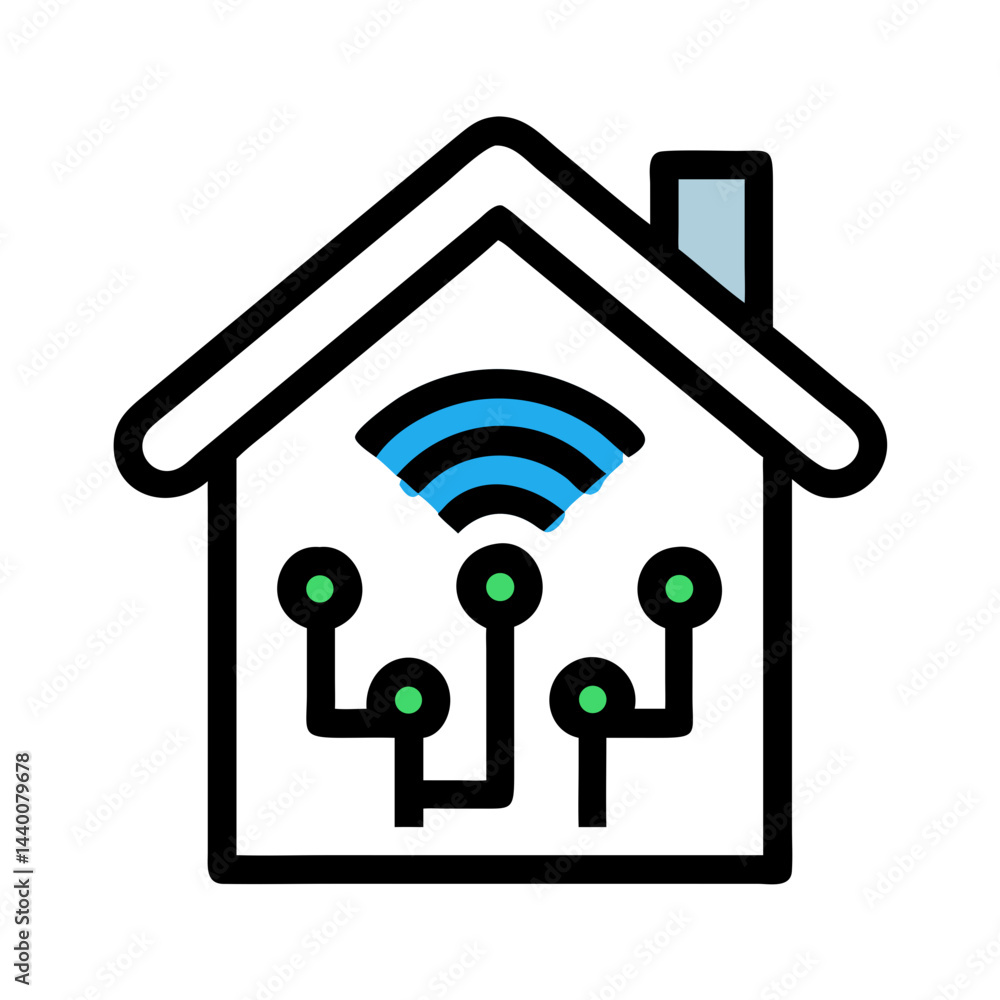 Poster smart home network with sensor data, wireless signal and building icon