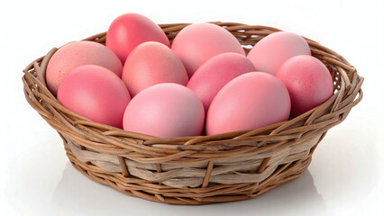 Wicker Basket Filled with Pink Colored Easter Eggs on White Background - Soft Pink Colored Eggs in a Woven Basket for Holiday Decor