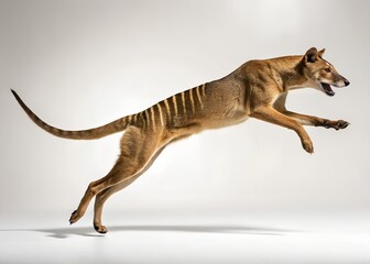  Graceful Mid-Air Leap of a Tasmanian Tiger with Muscles Tensed – Dynamic Action Photography Isolated on White Background