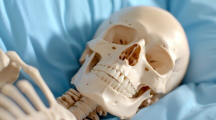 Human Skull Resting on Blue Fabric for Medical and Educational Purposes