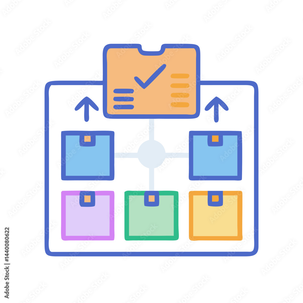 Poster multi-level marketing diagram with checkmark and colorful boxes in a doodle style