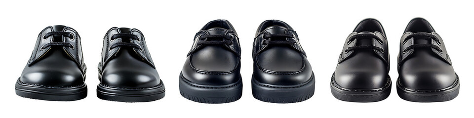 Collection of black classic children's shoes with polished leather and traditional look isolated on a white or transparent background.