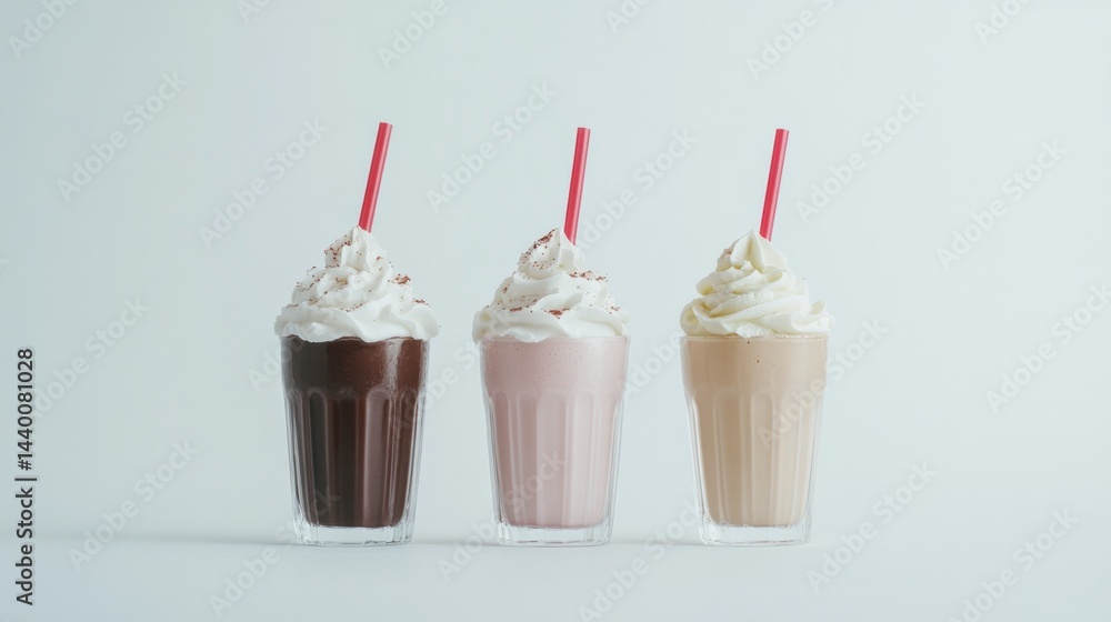 Poster three different flavored milkshakes are lined up in a row
