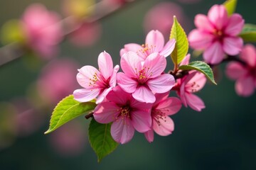Fototapeta premium Close-up of flowering branch with vibrant pink blossoms and green leaves, fresh, outdoor, beauty