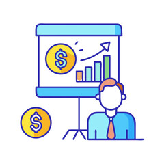 Financial Analyst Presenting Growth Chart and Dollar Coins on a Presentation Board