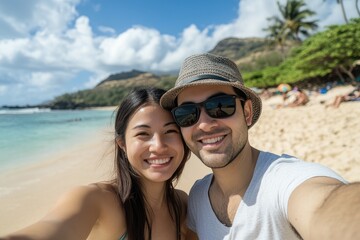 Obraz premium A man and woman are smiling for the camera on a beach