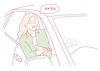 A woman is engaging in an animated conversation from her car window, illustrating a lively and dynamic interaction