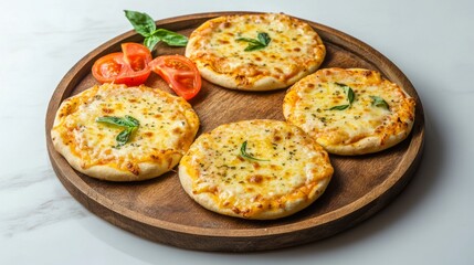 Four small pizzas with cheese and basil on a wooden plate