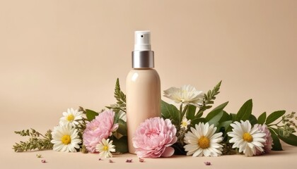 Photo of a lotion bottle and soft pink flowers in a photo studio room.