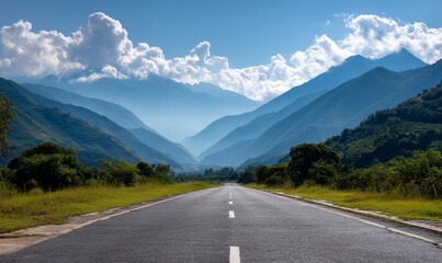 Scenic mountain road, sunlight, valley,  peaceful journey.  Possible use Travel brochure, nature photography
