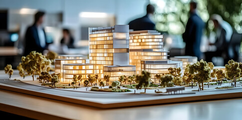 Complex scale model on the table, real estate developers, architects and businessmen team working on new business buildings project in office.