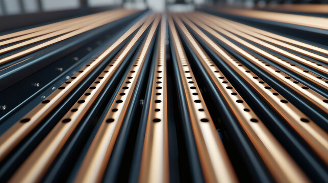A under 200 characters: Close-up view of parallel metal rods with regularly spaced holes, creating an industrial and geometric visual pattern.