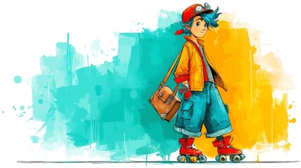 Fototapeta premium Vintage Roller Skating Delivery Boy, charming character in 1980s anime style, wearing retro uniform and cap, colorful watercolor design, isolated on white for versatile use
