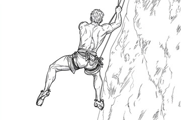 Obraz premium Dynamic Black and White Illustration of a Rock Climber Ascending a Cliff Face