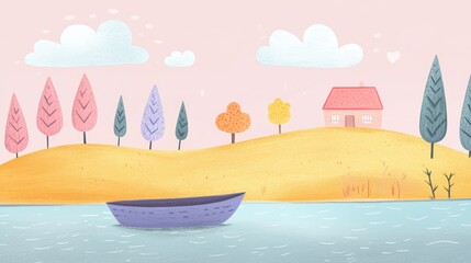 Pastel landscape with house, boat, and trees.  Peaceful autumn scene.  Possible use children's book illustration