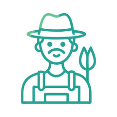 Line art illustration of a farmer with pitchfork and hat on black