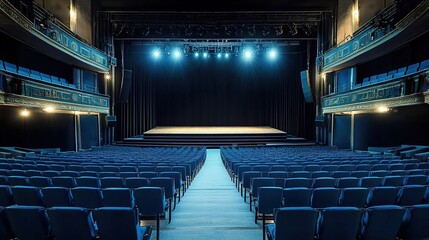 Empty theater with blue-lit stage and blue seats.