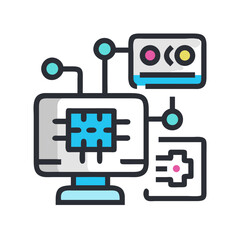Modern Technology Icon: Computer, Processor, Circuits, and Interconnected Systems