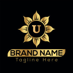 Vector illustration of a gold medal with ribbon is a best award icon, a golden sign of victory U logo design 