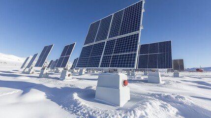 Solar panels in a snowy landscape, capturing sunlight in a remote, cold environment