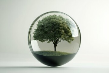Graphic layout showcasing glass sphere with a tree inside, representing nature and purity