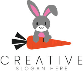 Cute Gray Bunny Rabbit Sitting on Orange Carrot Vector Illustration fun art logo icon flat food kids