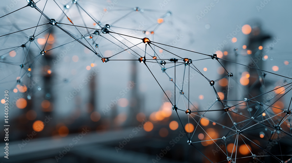 Poster abstract image of interconnected nodes, resembling a network or molecular structure, against a blurr