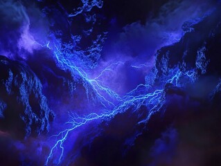 3D - rendered blue lightning amidst dark stormy clouds and rocky formations, creating a dramatic and intense atmosphere.