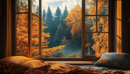 Autumn forest view through a window with leaf-patterned bedding.
