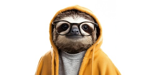 A cute little sloth wearing a yellow hoodie and glasses