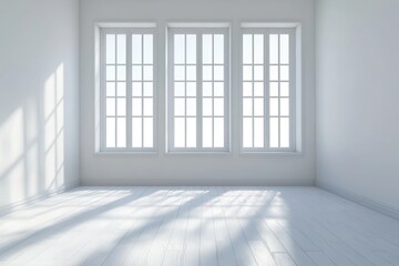 A Sun-Drenched Empty White Room with Large Windows and Bright Lighting