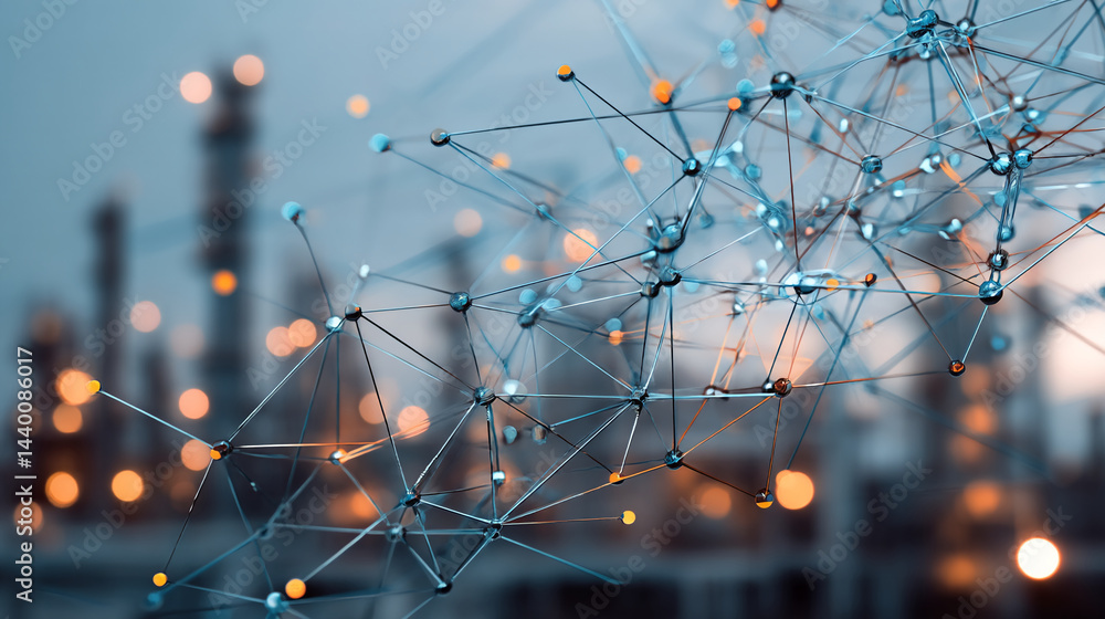 Poster Abstract image of interconnected nodes and lines, suggesting a network or connection, possibly representing global communication or technological advancement