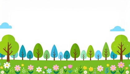 Nature exploration adventure vibrant forest landscape digital illustration spring environment aerial view whimsical design for kids