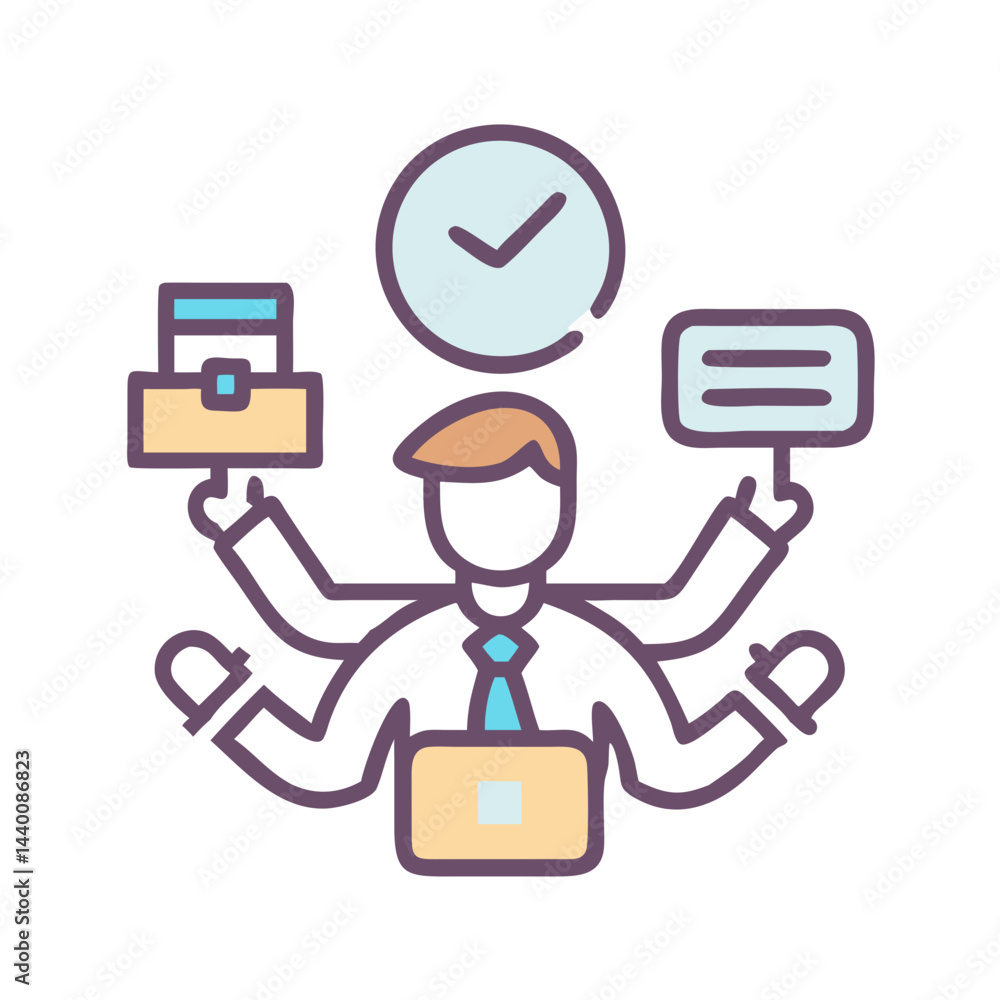 Poster multitasking businessman icon with time management and productivity skills