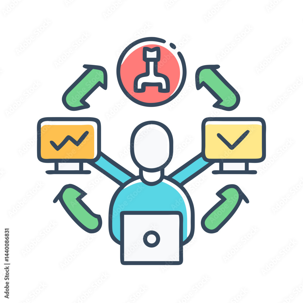 Poster workflow automation illustration. process optimization and business data analysis and transformation