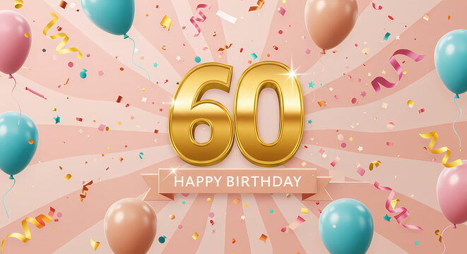 60th Birthday Celebration: Gold Number Design with Balloons and Confetti