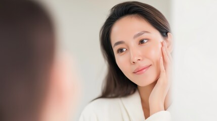 Asian woman with long hair touching her face while looking at her reflection in a mirror, enjoying a quiet moment in a minimalist room.