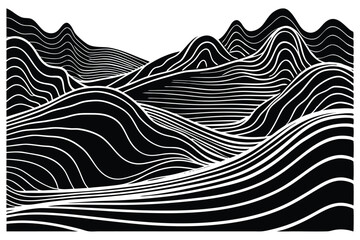 Abstract black and white landscape vector with wavy lines forming hills and valleys