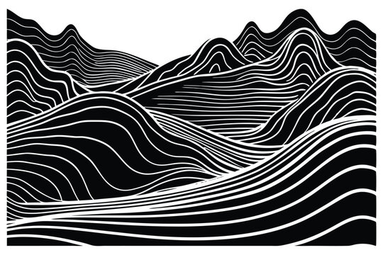 Abstract black and white landscape vector with wavy lines forming hills and valleys