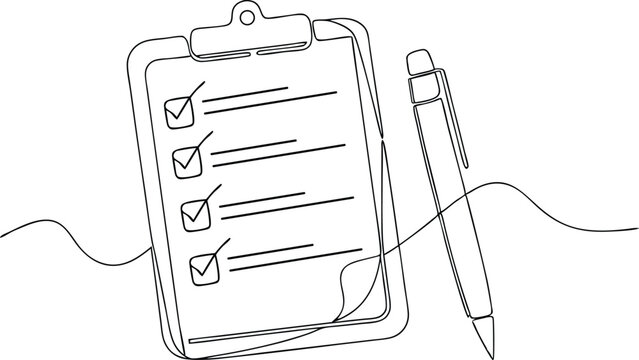 continuous line drawing of clipboard with checklist and pen in clean black and white modern office style