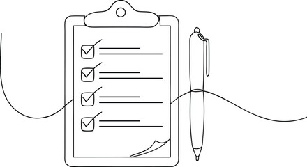 continuous line drawing of clipboard with checklist and pen in clean black and white modern office style