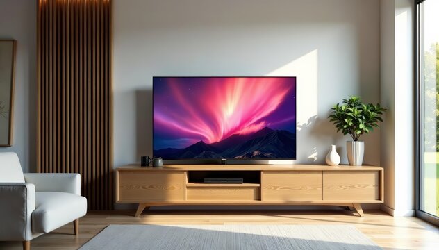Contemporary house interior with wooden tv cabinet, wooden, furniture, living room