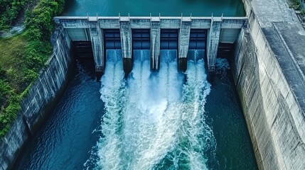  Aerial view of a massive dam releasing water through sluice gates.