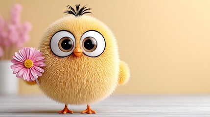 Fototapeta premium Adorable Fluffy Chick Holding Pink Flower Cute Cartoon Bird Springtime Image