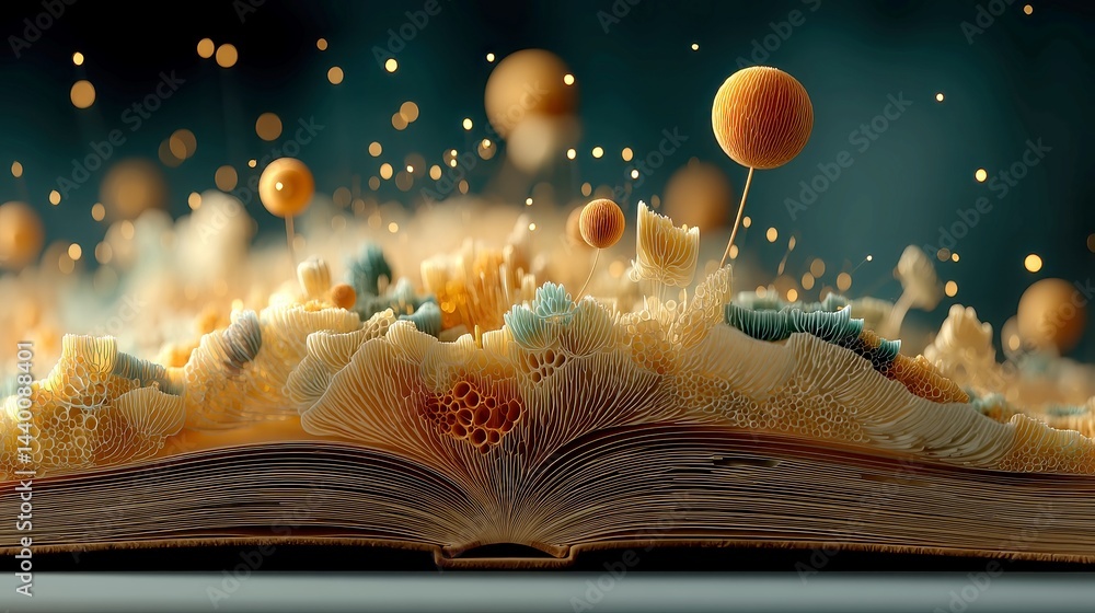 Poster celestial blooms in an open book, an enchanting scene where pages transform into a garden of moons a