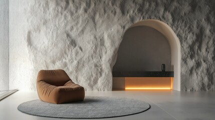 Cozy Cave Retreat:  A serene scene of a modern interior. A comfortable beanbag chair rests on a round carpet, beneath a dramatic stone-textured wall and arched doorway with an inviting ambient light.