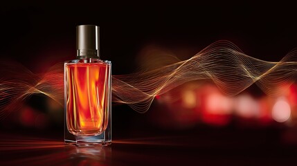 Fototapeta premium Square glass perfume bottle with gold cap, filled with orange liquid. Product display with light wave and line patterns on blurred background.