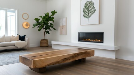Modern Minimalist Living Room: A spacious and airy living room showcases a contemporary design aesthetic, with a sleek fireplace, a statement-making wooden coffee table.